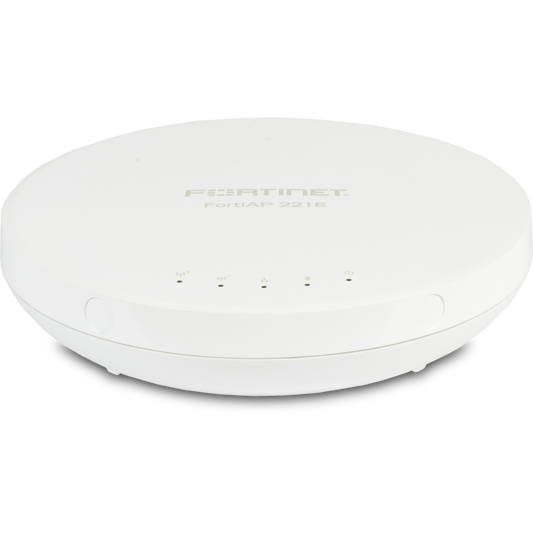 FortiAP-221E Indoor Wireless  AP - Dual radio (802.11 b/g/n and 802.11 a/n/ac Wave 2, 2x2 MU-MIMO), internal antennas, 1 x 10/100/1000 RJ45 port, BT / BLE. Ceiling/wall mount kit included.For power order: 802.3af PoE injector GPI-115 or AC ad [FAP-221E-E]