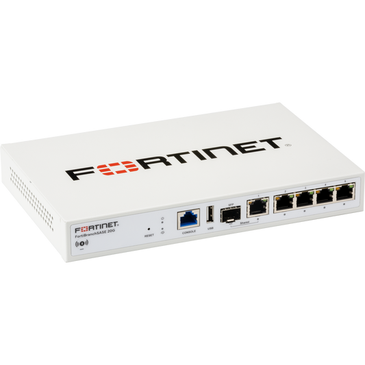 FortiBranchSASE-20G indoor desktop/wall mount FortiSASE extension device, designed specifically to quickly provide connectivity and security to small branch offices, delivered from FortiSASE, via L2 tunnel. 1x GbE Combo (SFP + RJ45) + 4x GbE RJ4 [FBS-20G]