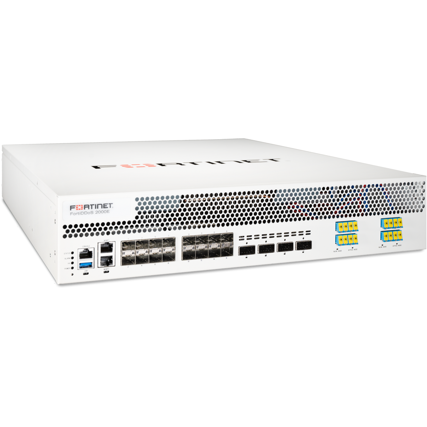 FortiDDoS-2000E-DC DDoS Protection Appliance -- 10 port-pairs DDoS Defence Ports, including 8 pairs x 10 GE SFP+ or GE SFP and 2 pairs x 40 GE QSFP+ or 100 GE QSFP28, with 2-link optical bypass module used with SM DR/LR/ER/ZR (1310/15550nm) [FDD-2000E-DC]