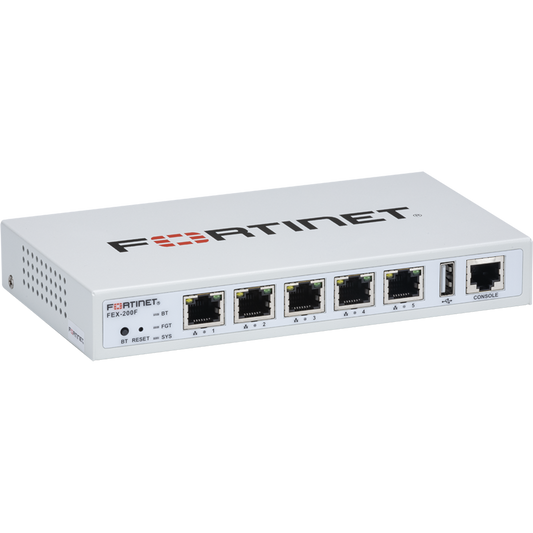 FortiExtender-200F FEX-200F is an extension of the FortiGate LAN interface, connecting to FortiGate with a secured L2 tunnel for Layer2~Layer7 security for branch offices. 5x GbE RJ45 ports, each can be configured as WAN or LAN by software. [FEX-200F]
