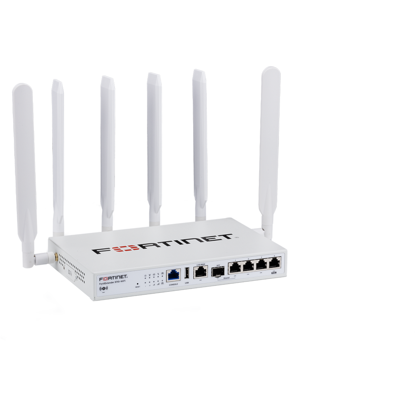 FortiExtender-511G-WIFI Indoor Broadband Wireless WAN Router with 1x "Dual SIM 5G Sub-6GHz M.2 Module" + 1x reserved eSIM for NA/EU/APAC Carriers. It has 1x 2.5GbE + 1x GbE Combo (SFP + RJ45) + 3x GbE RJ45 WAN/LAN configurable network po [FEX-511G-WIFI-E]