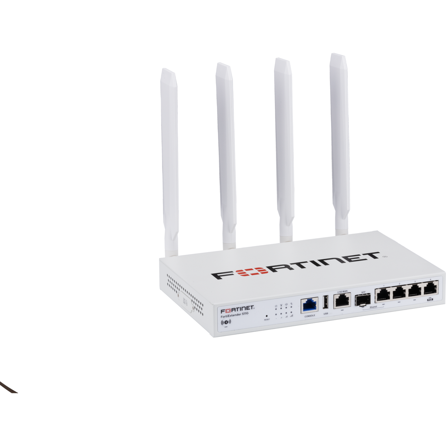 FortiExtender-511G-WIFI Indoor Broadband Wireless WAN Router with 1x "Dual SIM 5G Sub-6GHz M.2 Module" + 1x reserved eSIM for NA/EU/APAC Carriers. It has 1x 2.5GbE + 1x GbE Combo (SFP + RJ45) + 3x GbE RJ45 WAN/LAN configurable network po [FEX-511G-WIFI-S]