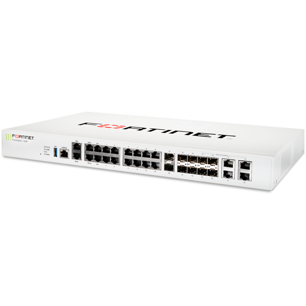 FortiGate-100F 22 x GE RJ45 ports (including 2 x WAN ports, 1 x DMZ port, 1 x Mgmt port, 2 x HA ports, 16 x switch ports with 4 SFP port shared media), 4 SFP ports, 2x 10G SFP+ FortiLinks, dual power supplies redundancy. [FG-100F]