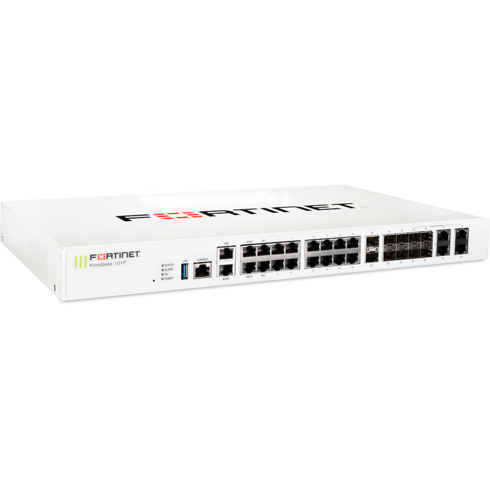 FortiGate-101F 22 x GE RJ45 ports (including 2 x WAN ports, 1 x DMZ port, 1 x Mgmt port, 2 x HA ports, 16 x switch ports with 4 SFP port shared media), 4 SFP ports, 2x 10G SFP+ FortiLinks, 480GB onboard storage, dual power supplies redundancy [FG-101F-HA]