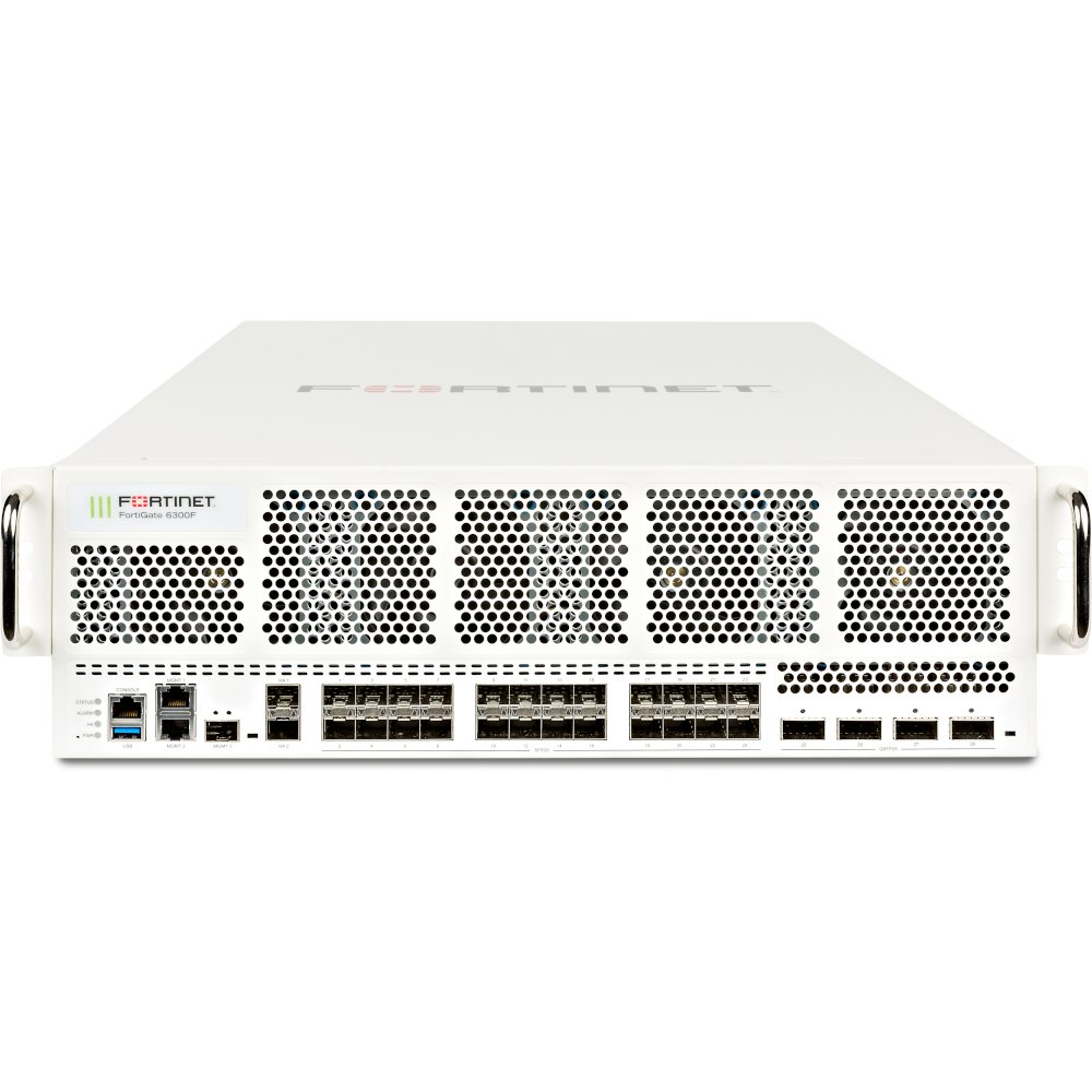 FortiGate-6300F-DC: 4 slots QSFP28 de 100GE, 24 slots SFP28 de 25GE, 3 slots SFP+ de 10GE, 2 portas GE RJ45 MGMT e 2 fontes de alimentação CC [FG-6300F-DC]