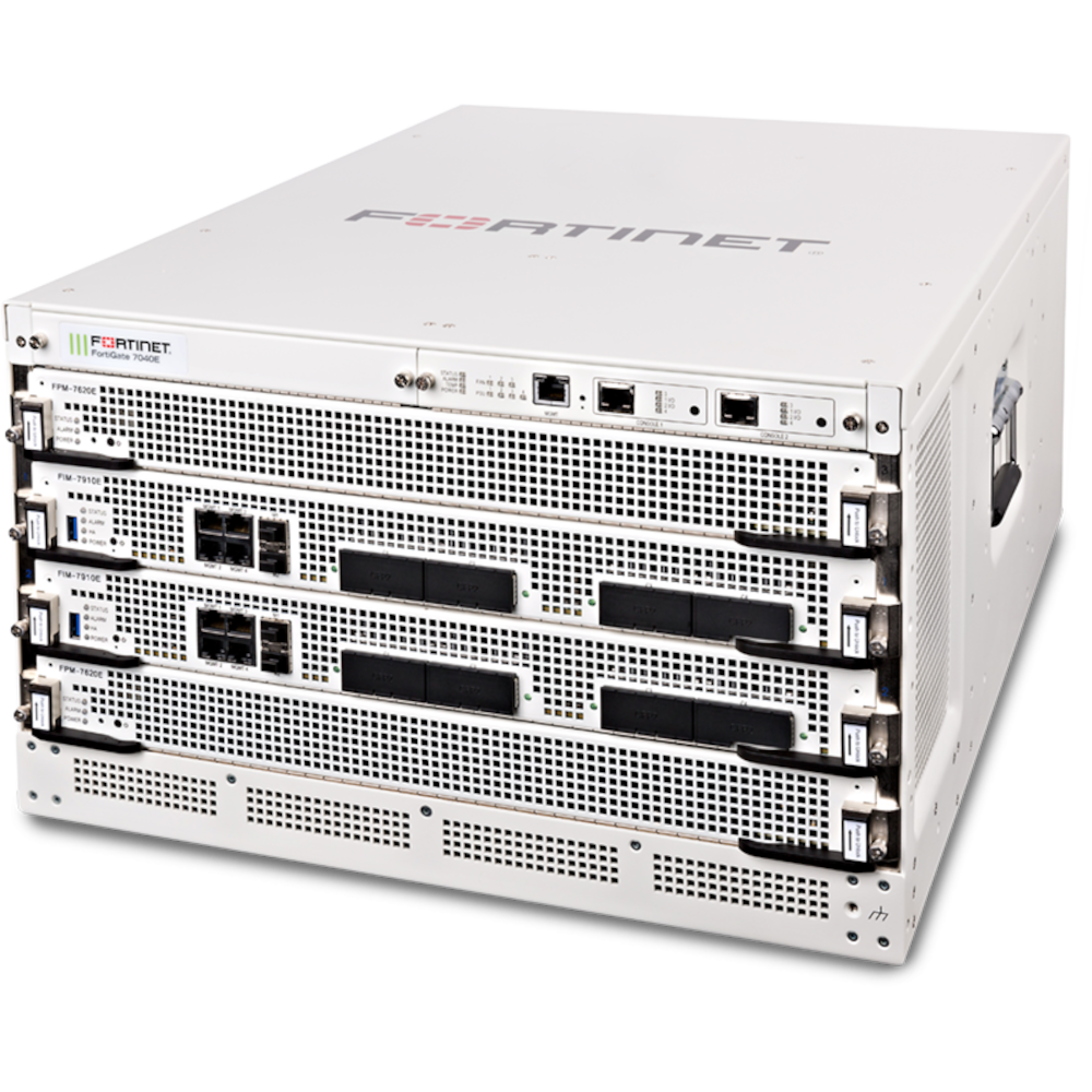 FortiGate-7040E-8-DC 6U 4-slot chassis with 2x FPM-7620E Processor Modules, 2x FIM-79xxE-C specified at purchase, 1x Manager Module and 3x hot swappable redundant DC PSU [FG-7040E-8-DC]