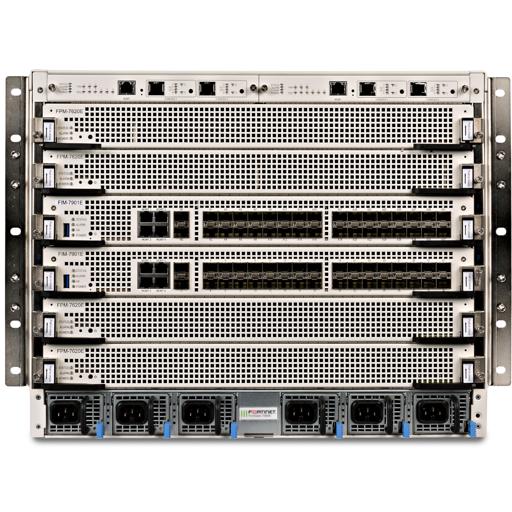 Chassis FortiGate-7060E-8 8U de 6 slots com 2 módulos de processador FPM-7620E, 2 módulos FIM-79xxE-C especificados na compra, 2 módulos de gestão e 4 fontes de alimentação redundantes hot-swap [FG-7060E-8]