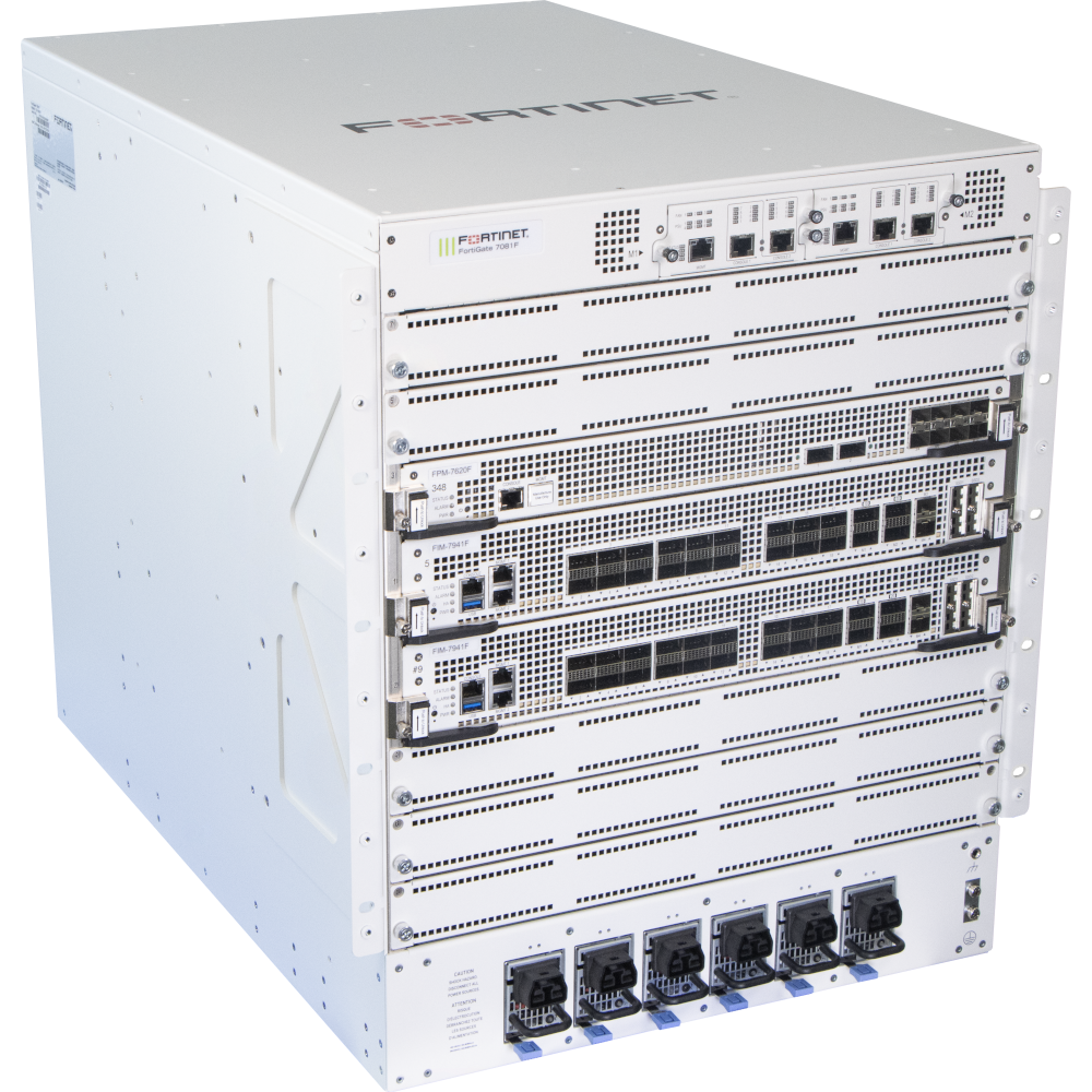 FortiGate-7081F 12U 8-slot chassis starting with 1x FPM-7620F Processor Module, 1x FIM-7921F I/O Module, 2x Management Module and 6x hot swappable redundant PSU (2500WAC) [FG-7081F]