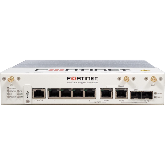 FortiGateRugged-60F-3G4G Ruggedized, 4 x GE RJ45 Switch ports, 2 x Shared Media pairs (Including 2 x GE RJ45 ports, 2 x SFP slots). RJ45 by-pass between WAN and LAN. DB9 Serial. With Embedded 3G/4G/LTE wireless wan module (Global LTE- EM756 [FGR-60F-3G4G]