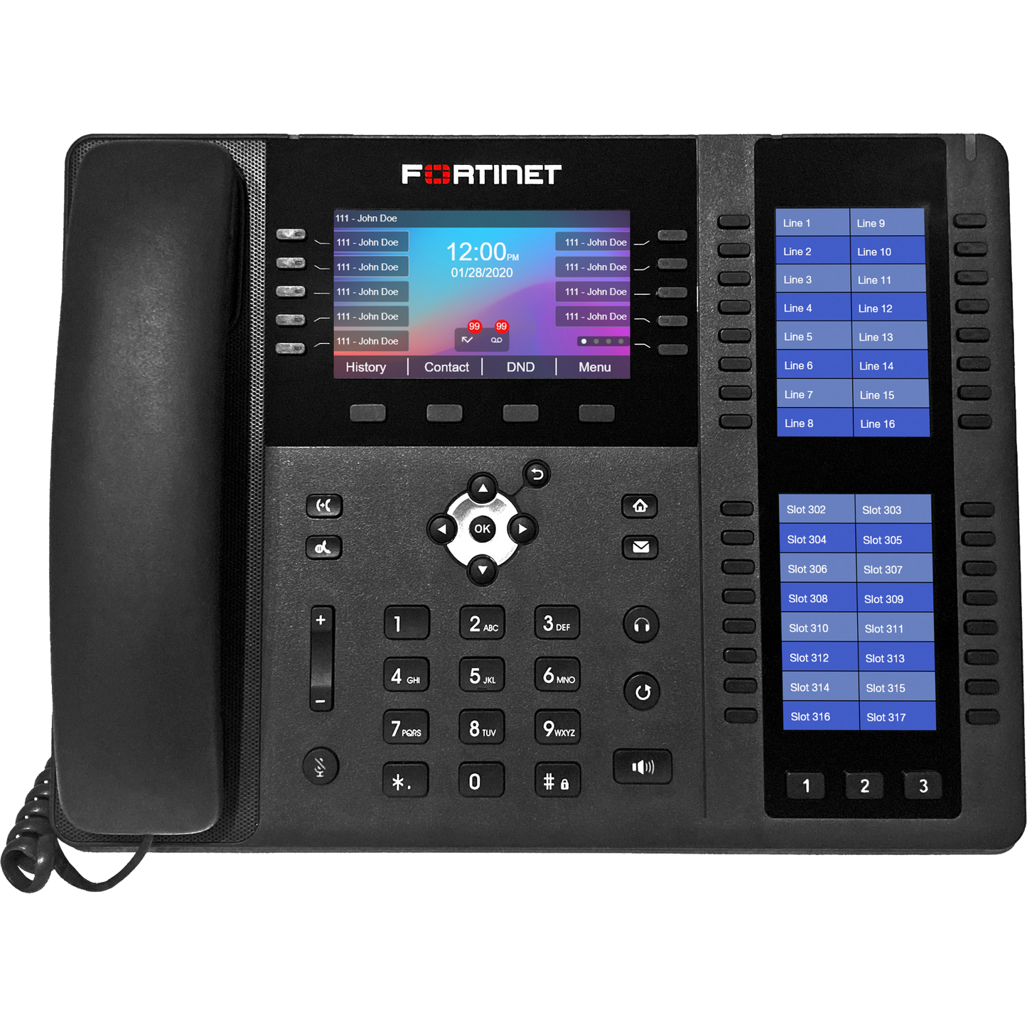 FortiFone-580B IP phone with 4.3" and dual 3.5" color screens, 96 programmable keys, POE and 10/100/1000 LAN and PC connections. [FON-580B]