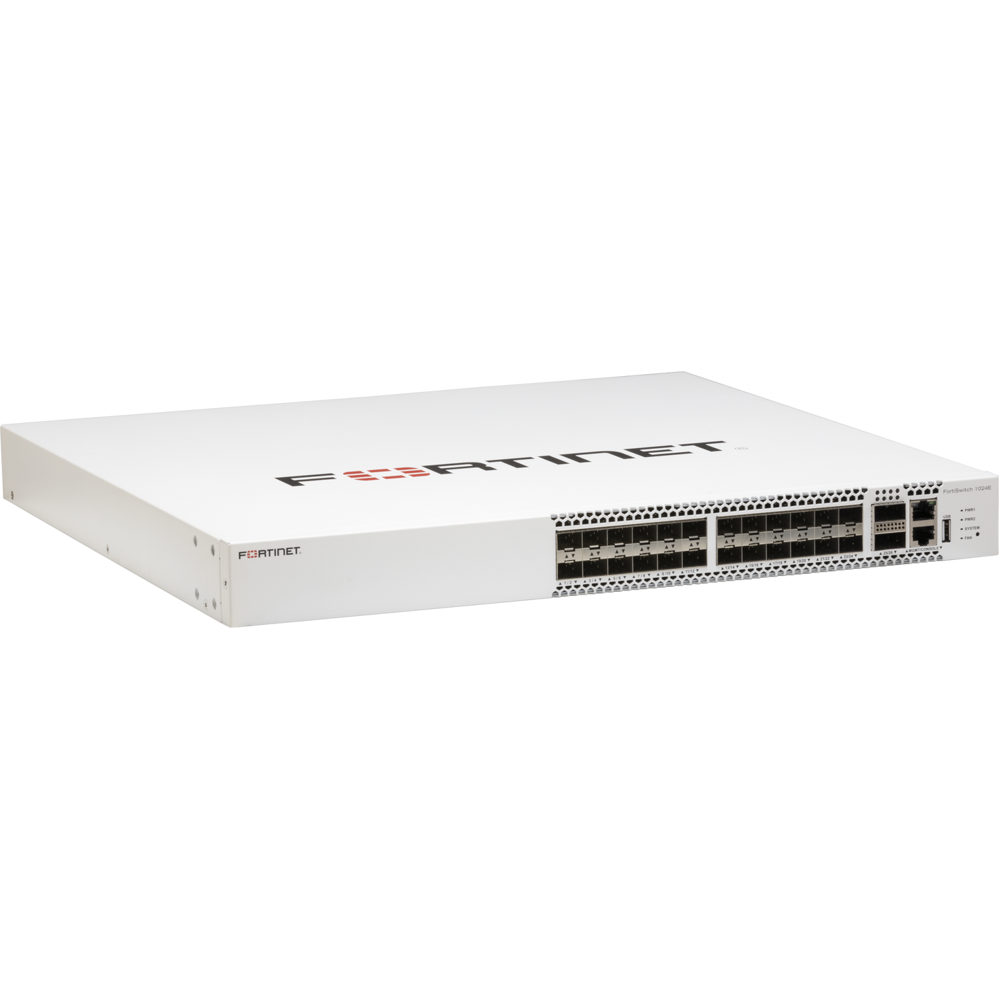 FortiSwitch-1024E Layer 2/3 FortiGate switch controller compatible switch with 24 x GE/10GE SFP/SFP+ slots and 2 x 100GE QSFP28. Dual AC power supplies [FS-1024E]
