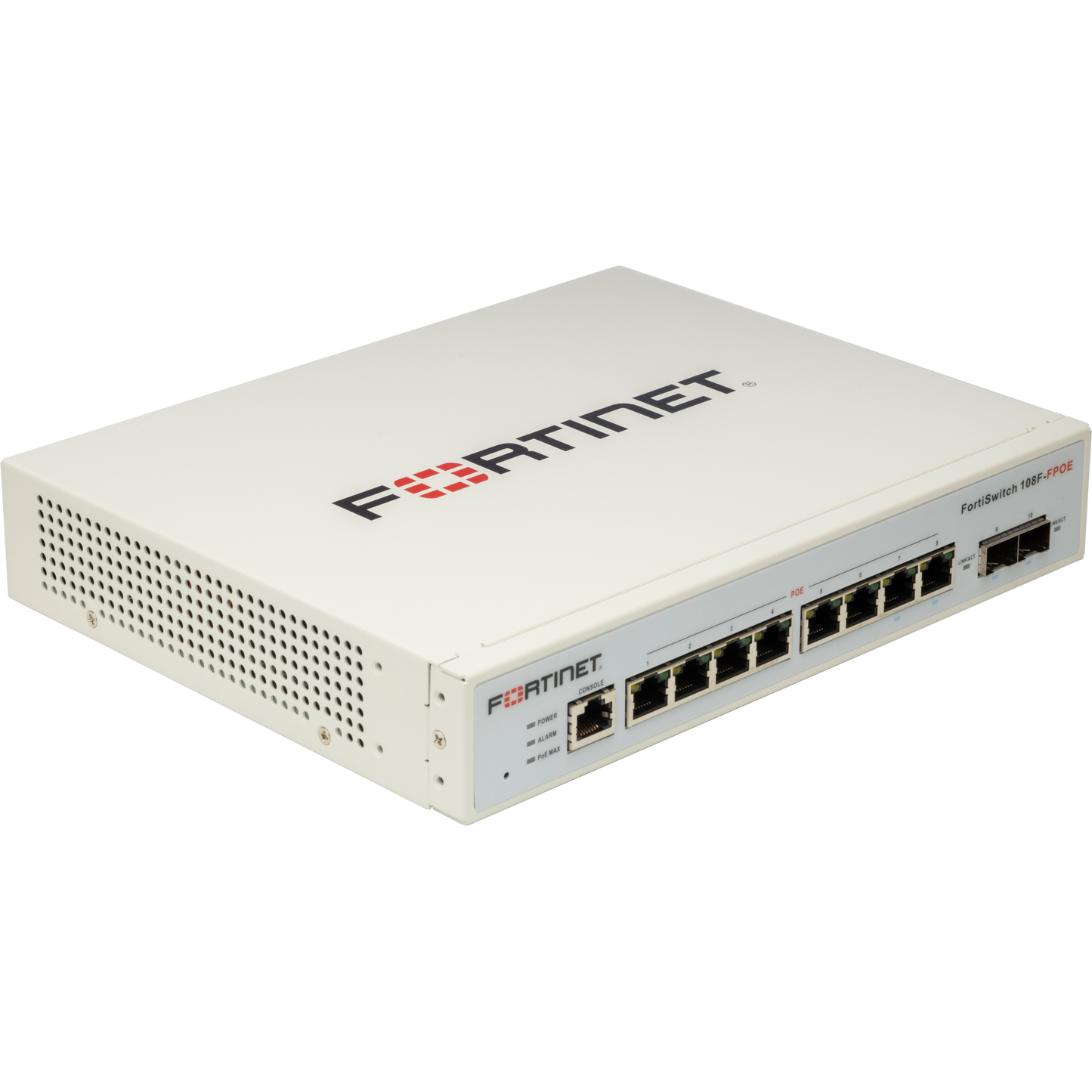 Switch de gestão L2+ FortiSwitch-108F-FPOE com 8 portas GE + 2 portas SFP + 1 porta RJ45 para consola e PoE automático limitado a 130 W [FS-108F-FPOE]