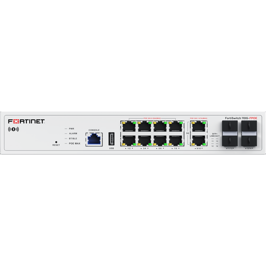 FortiSwitch-110G-FPOE Layer 2 FortiGate switch controller compatible PoE 802.3bt switch with 2x 5G RJ45 with PoE bt, 8x 2.5G RJ45 with PoE af/at and 4x SFP+ ports. Fanless. Max 200W PoE output limit. [FS-110G-FPOE]