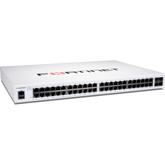 FortiSwitch-148F-FPOE Layer 2 FortiGate switch controller compatible PoE+ switch with 48x 1G RJ45 with PoE+ and 4x 10G/1G SFP+/SFP ports and 1x RJ45 console port. Max 740W PoE output limit. [FS-148F-FPOE]