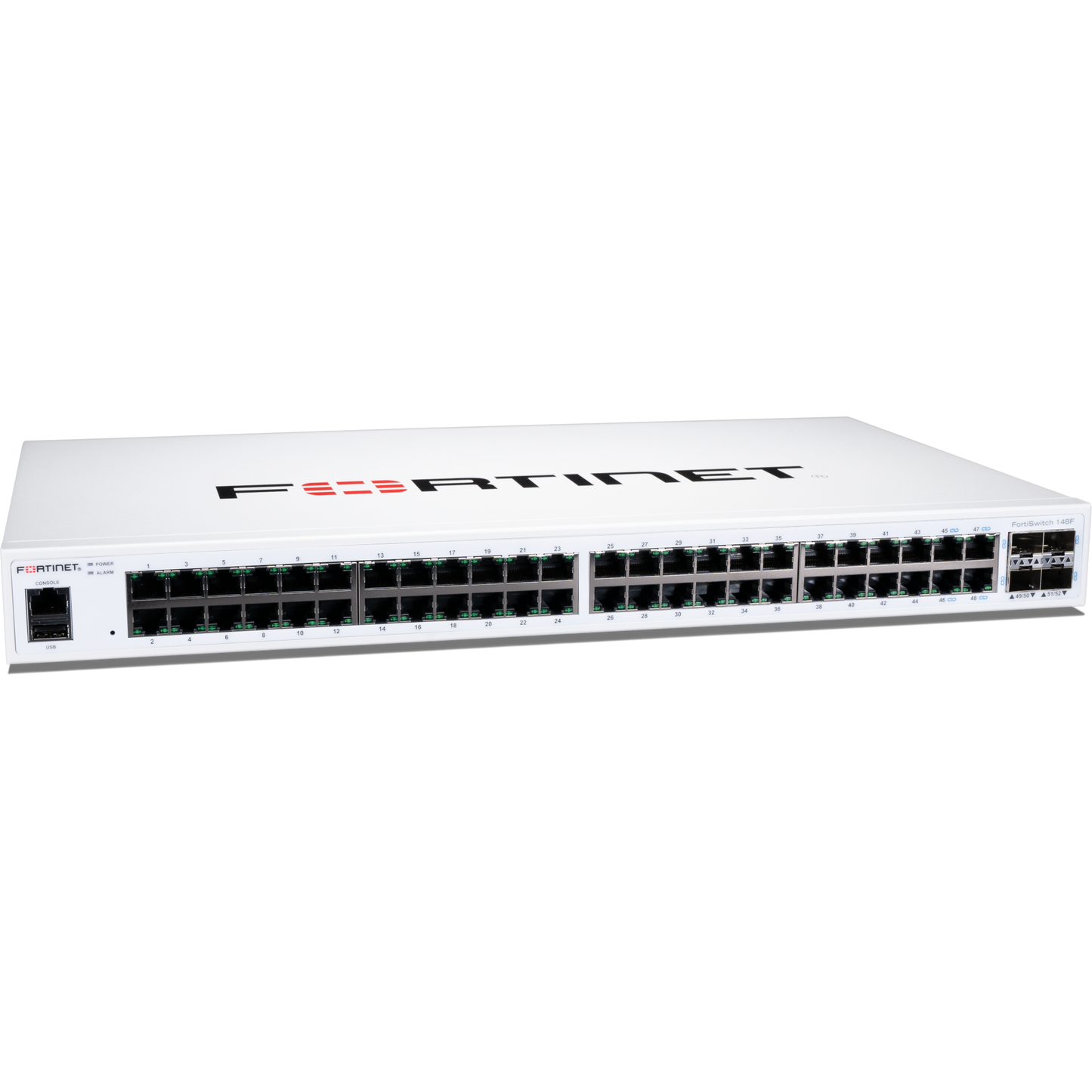 FortiSwitch-148F Layer 2 FortiGate switch controller compatible switch with 48x 1G RJ45 and 4x 10G/1G SFP+/SFP ports and 1x RJ45 console port. [FS-148F]