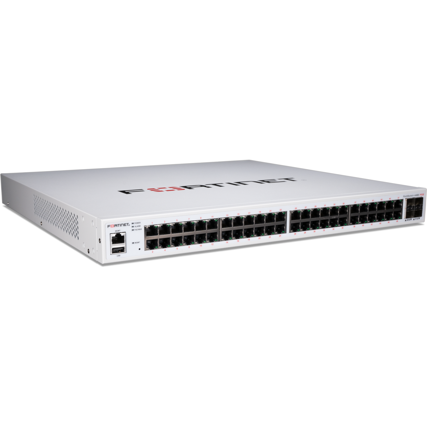 FortiSwitch-448E-POE Layer 2/3 FortiGate switch controller compatible PoE+ switch with 48 x GE RJ45 ports, 4 x 10 GE SFP+, with automatic Max 421W POE output limit [FS-448E-POE]