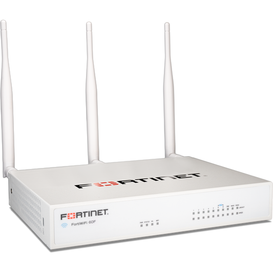 FortiWiFi-61F 10 portas GE RJ45 (incluindo 2 portas WAN, 1 porta DMZ, 7 portas internas), Wi-Fi (802.11a/b/g/n/ac), 128 GB de armazenamento SSD integrado. Código de região D [FWF-61F-D]