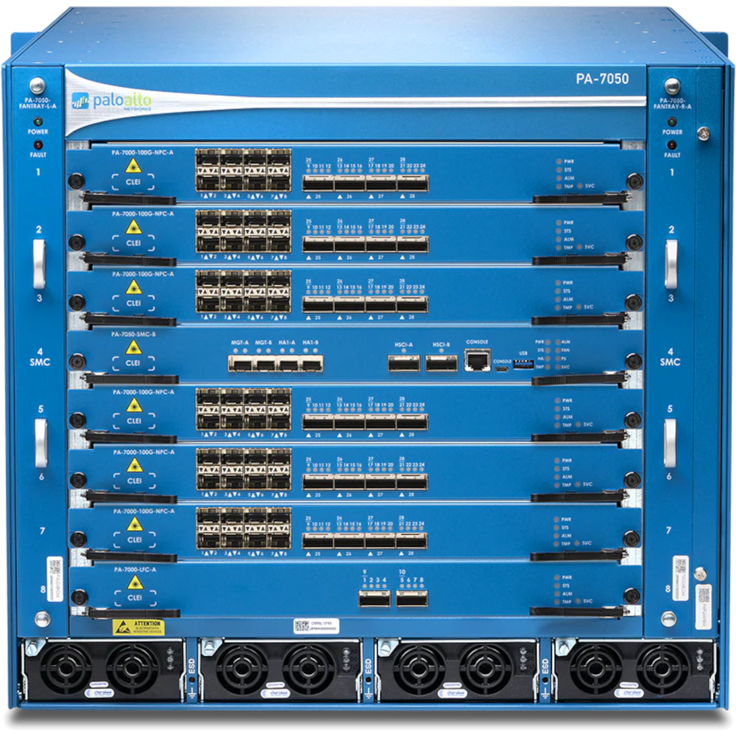 PA-7050 Base AC Hardware Bundle. Includes AC Chassis, 4xAC power supplies, 2xFan Trays, Fan Filter, Switch Management Card, and Logging Card. [PAN-PA-7050-AC-SYS]