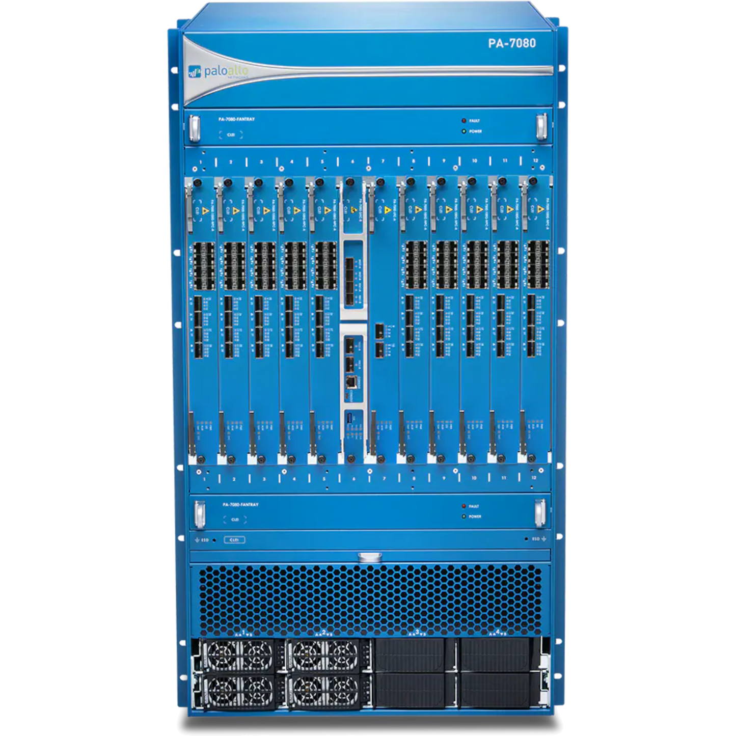 PA-7080 Base AC Hardware Bundle. Includes AC Chassis, 4xAC power supplies, 2xFan Trays, Fan Filter, Switch Management Card, and Logging Card. [PAN-PA-7080-AC-SYS]